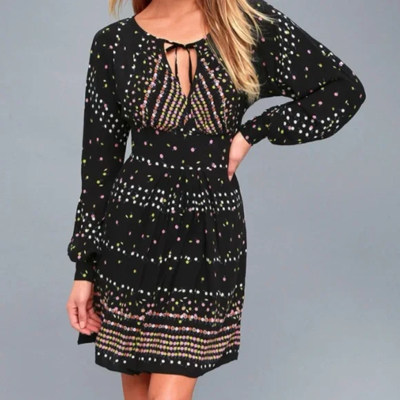 Free People Coryn Mini Dress Black Printed Open Back Long Sleeve Size 2 - Picture 6 of 15